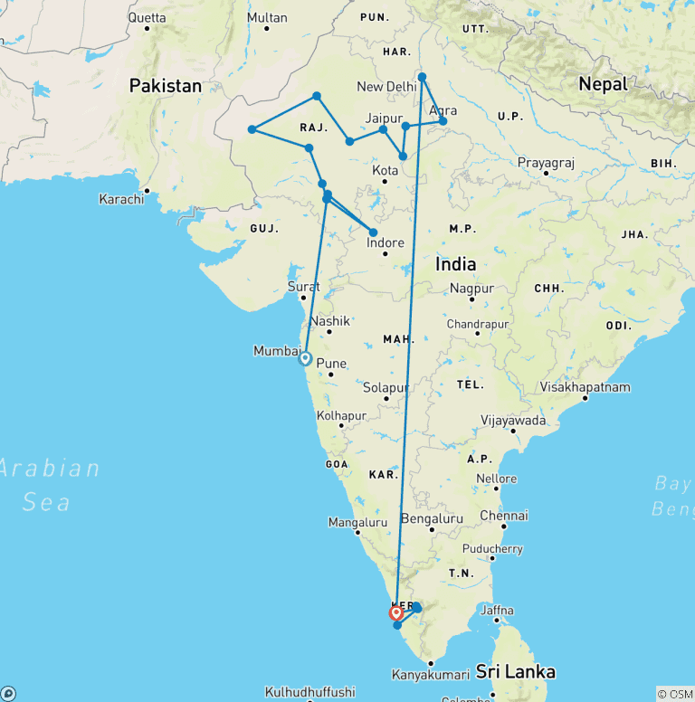 Map of Luxury North and South India Tour