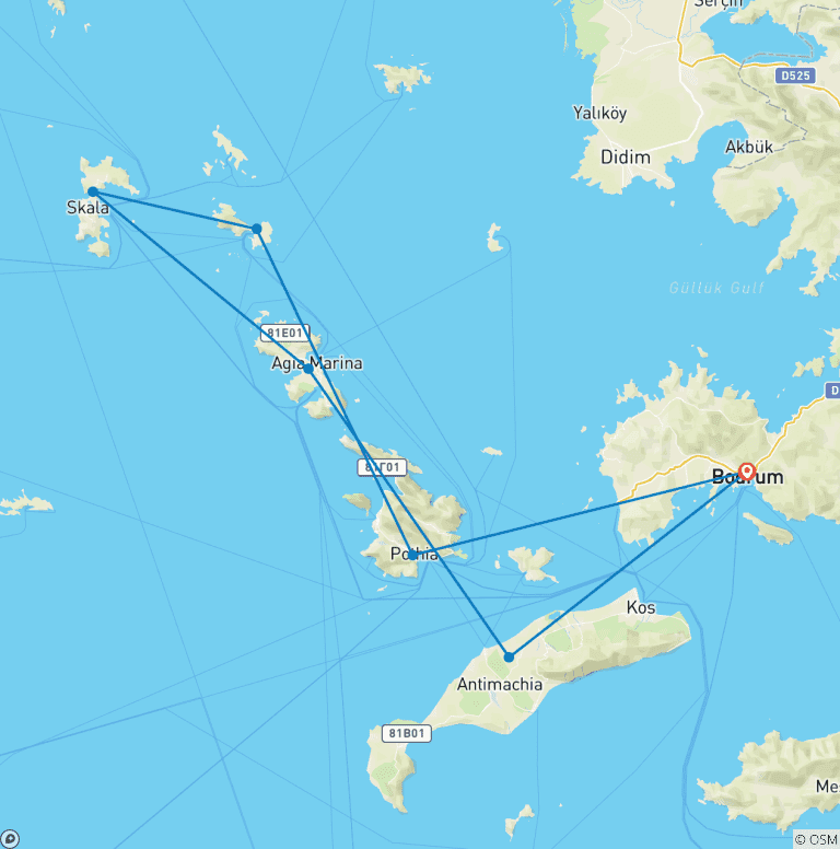Map of Bodrum - North Dodecanese | Weekly Premium Blue Cruise