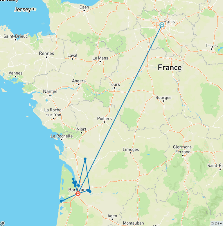 Map of Bonjour Bordeaux: Chateaux, Wineries & Charming Villages with 2 Nights in Paris