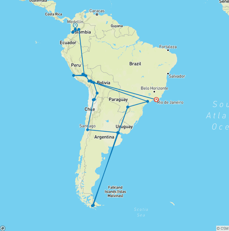 Map of Essential Colombia to Peru & Brazil - 33 days