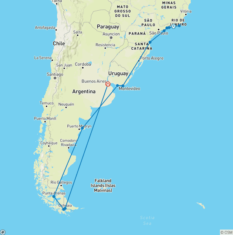 Map of Ultimate Brazil, Patagonia & the Chilean Fjords