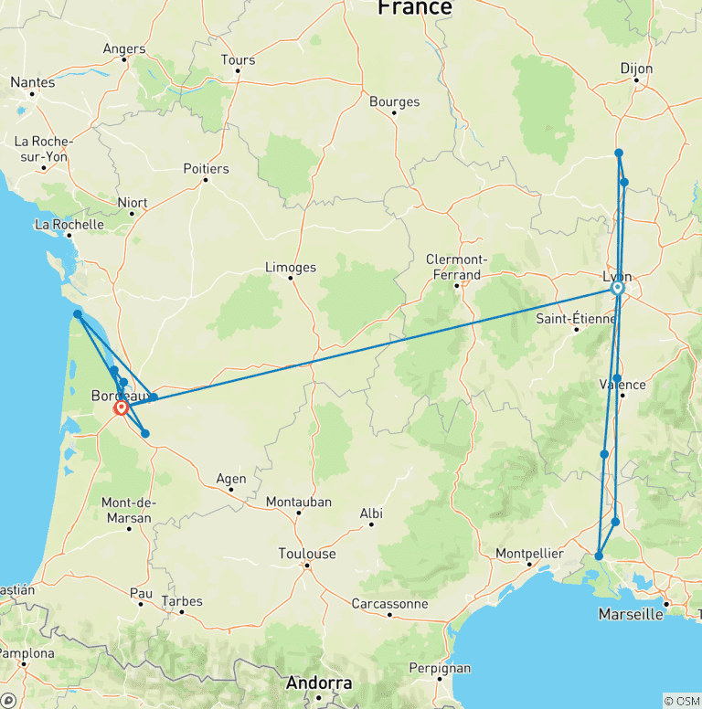 Map of Iconic France 2026 - 21 Days (from Lyon to Bordeaux)