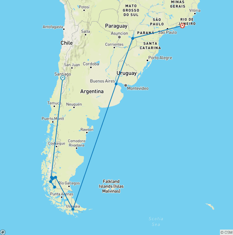 Map of Ultimate Journey: Patagonia, Argentina, Brazil & Antarctica - Cruise & Land Journey 2028