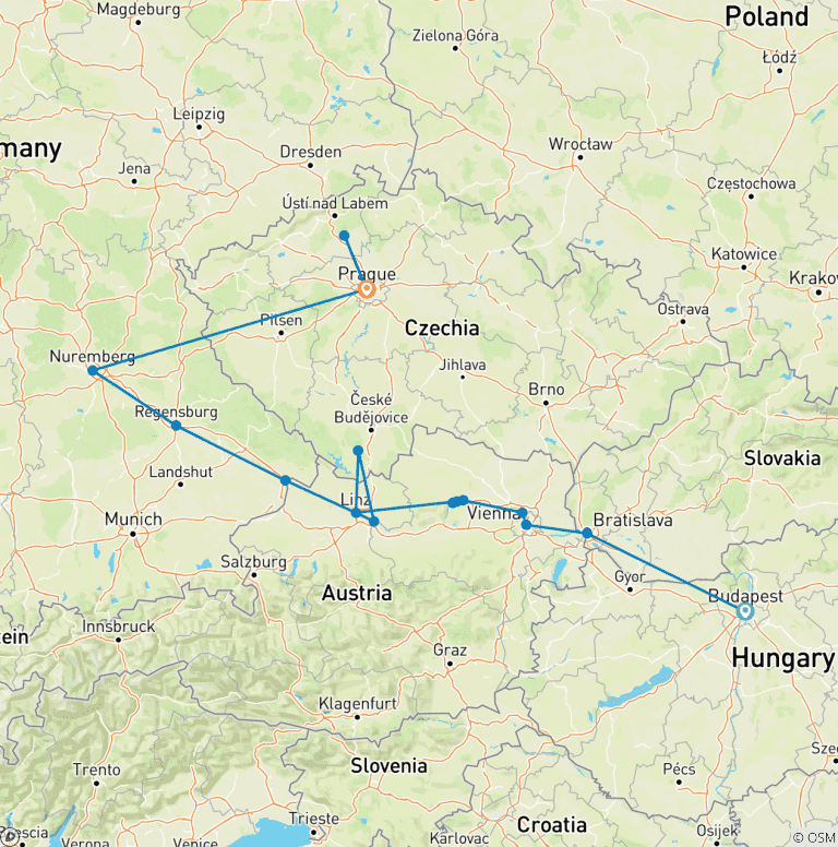 Map of Danube in Depth with Prague 2026 - 13 Days (from Budapest to Prague)