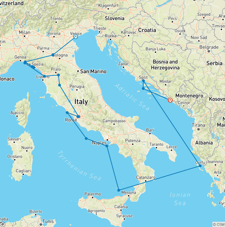 Map of Italy & the Islands of the Mediterranean - Cruise & Land Journey
