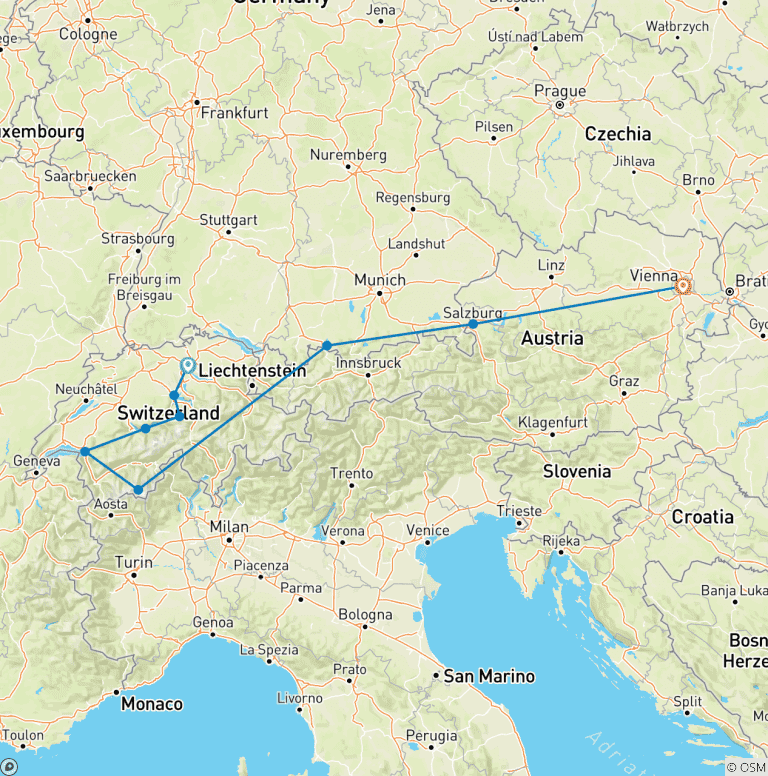 Map of Wonders of Switzerland & Austria 2026 - 15 Days