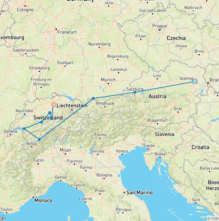 Map of Wonders of Switzerland & Austria 2026 - 15 Days (from Vienna to Zurich)
