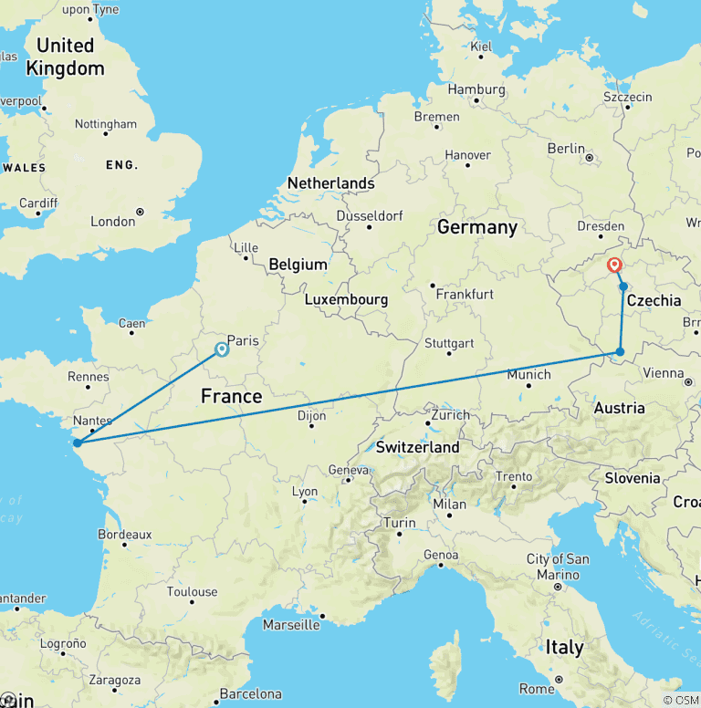 Map of Jewels of Europe with Paris & Prague 2026