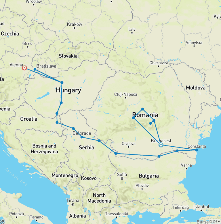 Map of Lower Danube Discovery with Vienna & Transylvania 2026 - 22 Days (from Bucharest to Vienna)