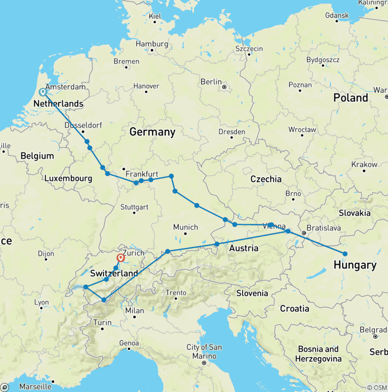 Map of Jewels of Europe with Wonders of Switzerland & Austria 2026 - 29 Days (from Amsterdam to Zurich)