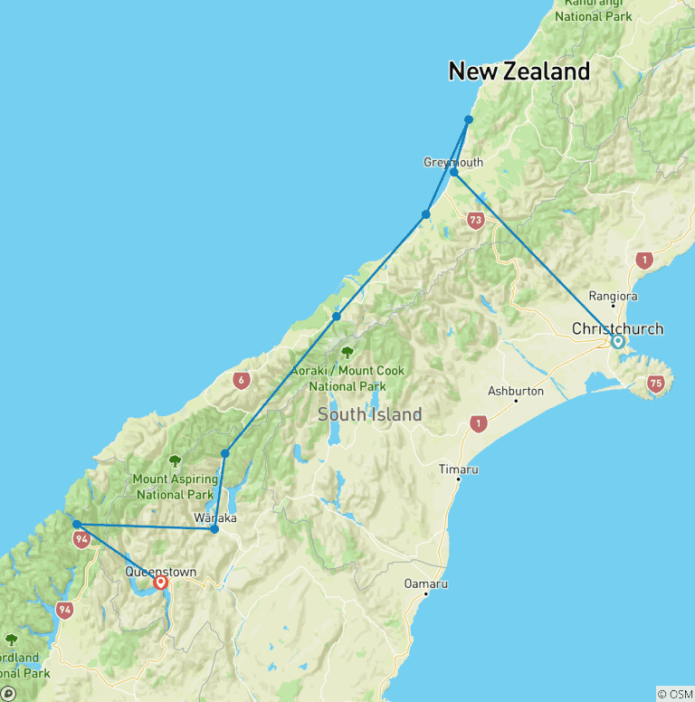Map of Premium New Zealand South Island (9 destinations)