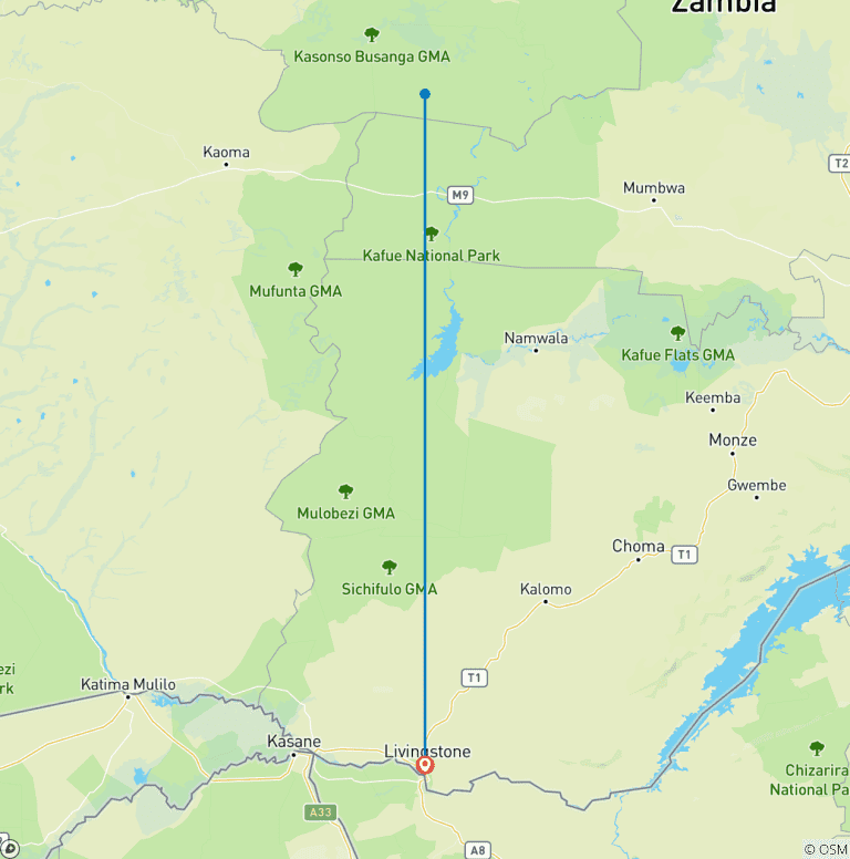 Map of Kafue National Park Safari 3 Days/2 Nights