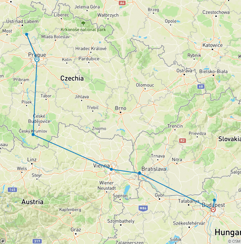 Map of 6 Day Explore Prague - Vienna - Budapest Tour-Small Group Tour