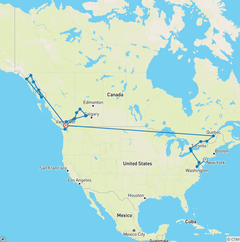 Map of Discover Canada and USA with Alaska Cruise  New York City → Vancouver (2026)