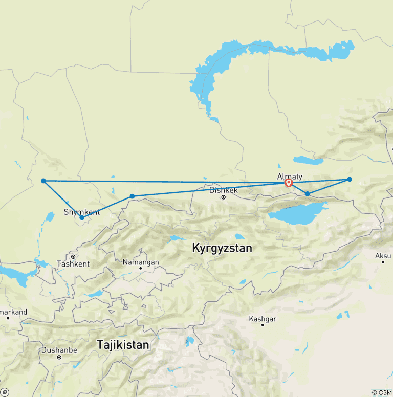 Map of Private 9 Days South Kazakhstan Tour, Daily Stars and Exclusive Guide & Car