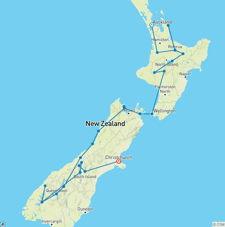 Map of 19-Day Ruru Select: The Premier New Zealand North & South Island Journey (Auckland Start)