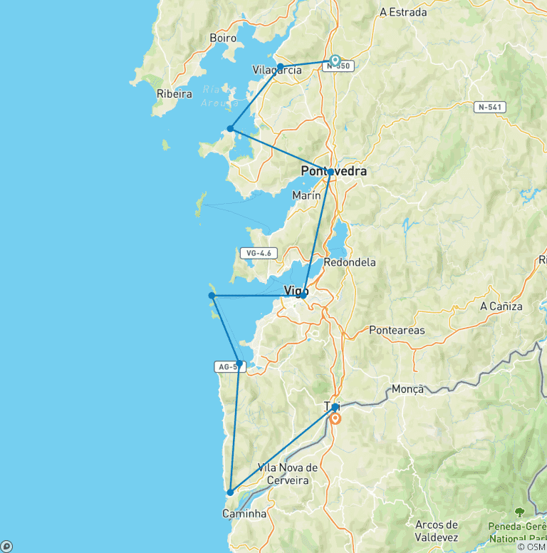 Map of Private Tour in the Rías Baixas of Galicia in Charming Hotels and Pazos