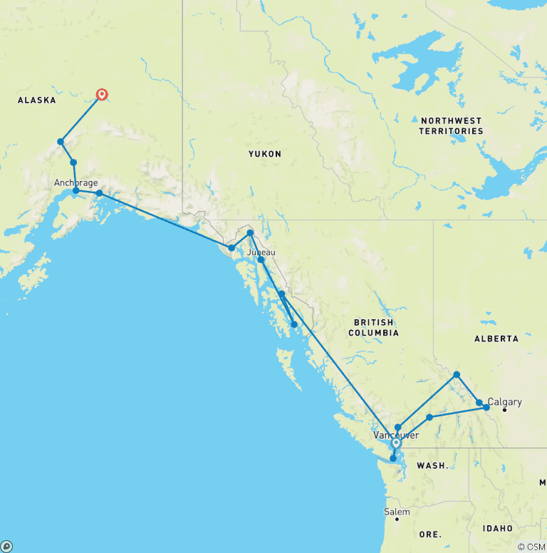 Map of Grand Canada & Alaska Adventure 2026 - 24 Days (18 destinations)