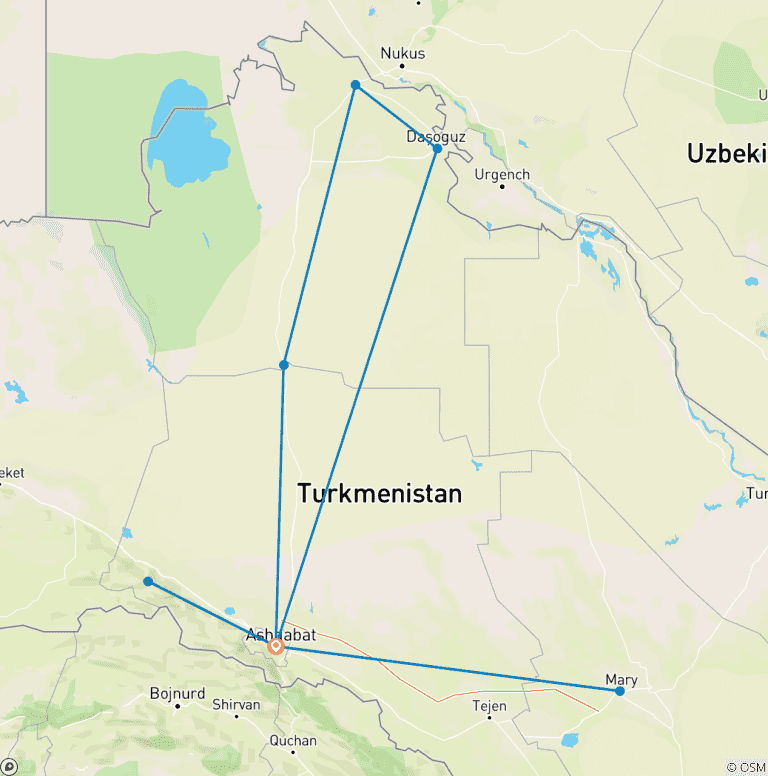 Map of Customized 7-Day Best Private Turkmenistan Tour, Daily Start (Private Guide & Driver)