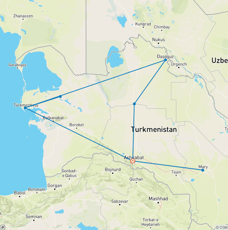 Map of Private 9 Days Turkmenistan Family Tour, Daily Depart & Private Guide & Customizable