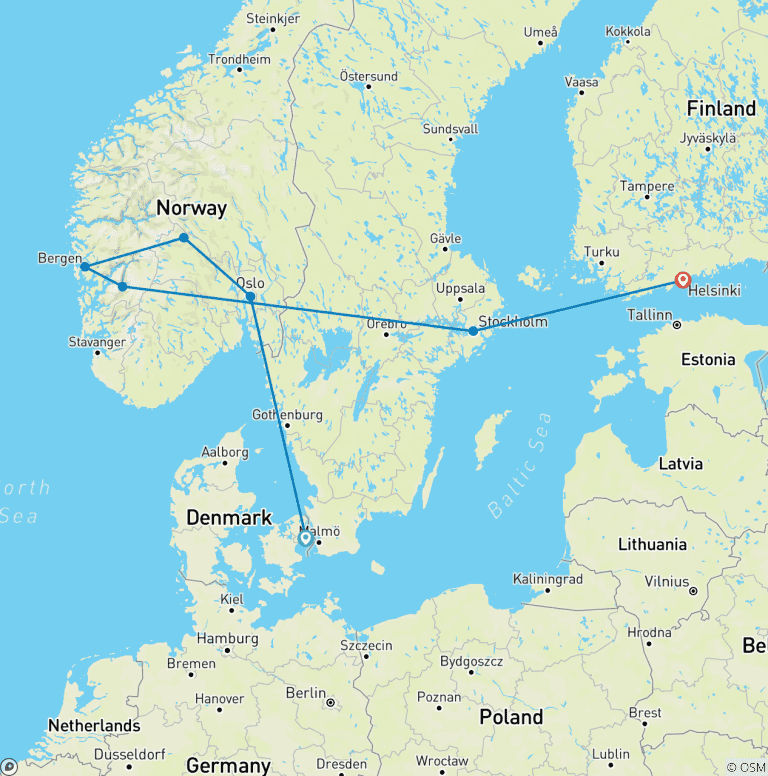 Map of Scandinavia & Beyond: Capital Vibes Meet Norway Road Tour