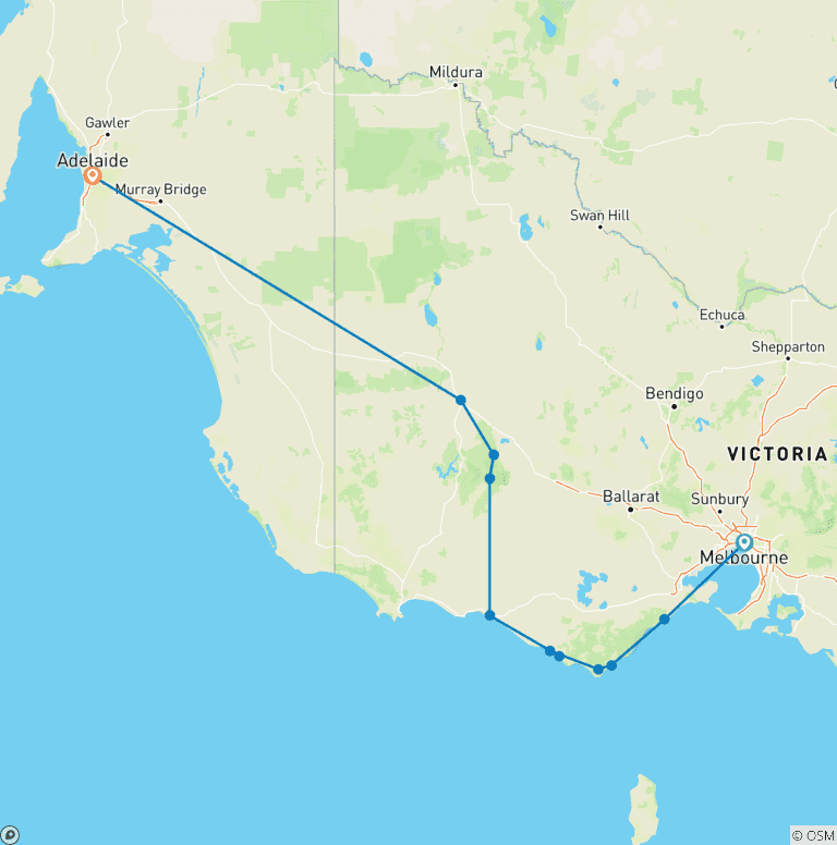 Map of 3 Day Melbourne to Adelaide Overland Adventure Tour (Accommodated)