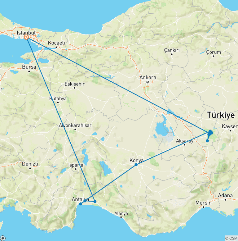 Map of 10 Days (Istanbul - Cappadocia - Antalya) Tour Package