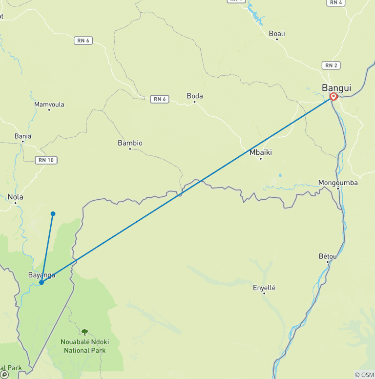Map of Dzanga-Sangha Wildlife Safari – 7 Days / 6 Nights