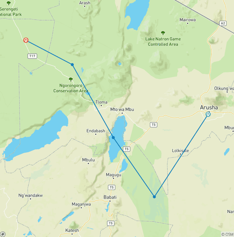 Map of SERENGETI MIGRATION CROSSING MARA RIVER 9 DAYS