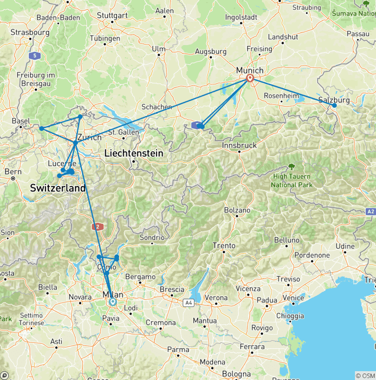 Map of 10-Day Heart of Europe Tour by Train: Milan, Zurich & Munich