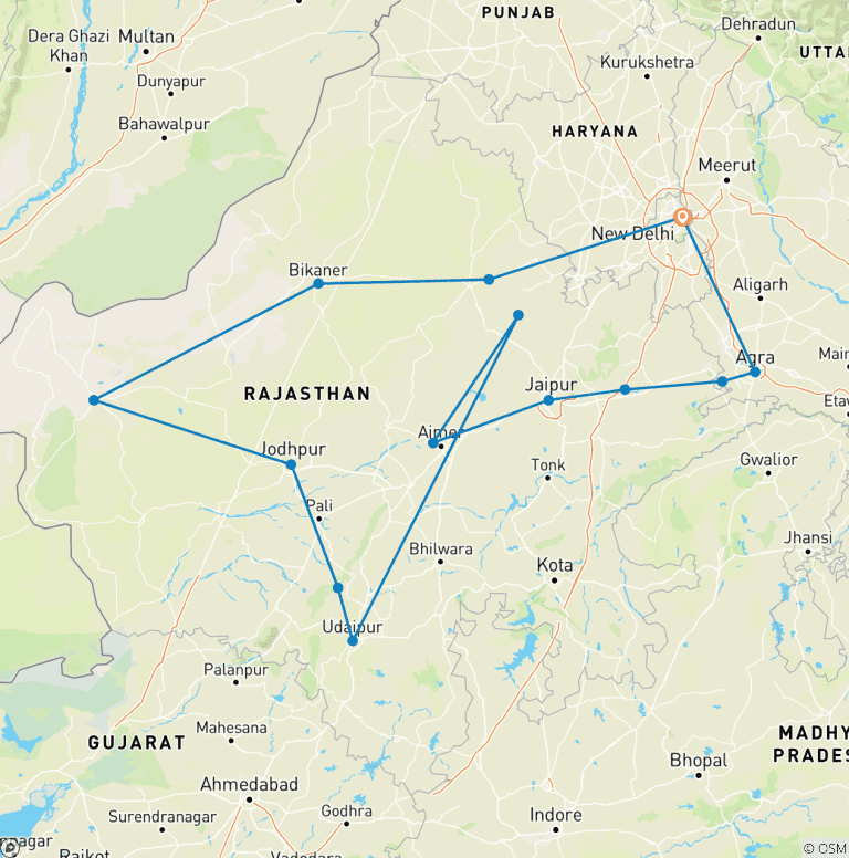 Map of Private 14-Day Rajasthan & North India Tour from Delhi: Jaipur, Jaisalmer, Udaipur, Agra, Taj Mahal & Desert Camp