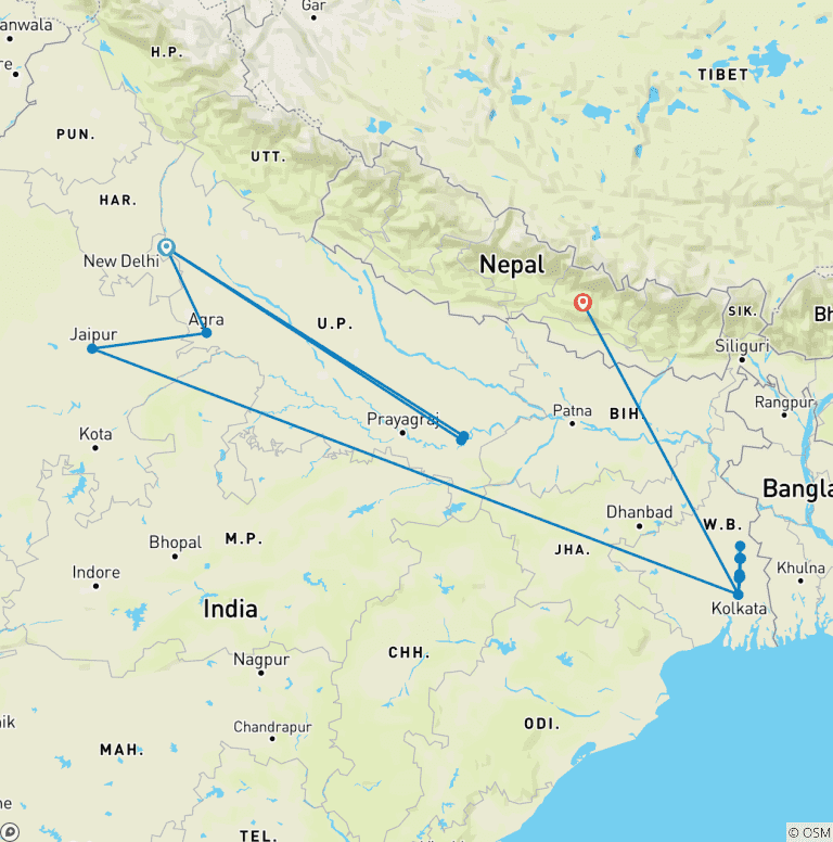 Map of Heritage of India & the Ganges River with Varanasi & Kathmandu