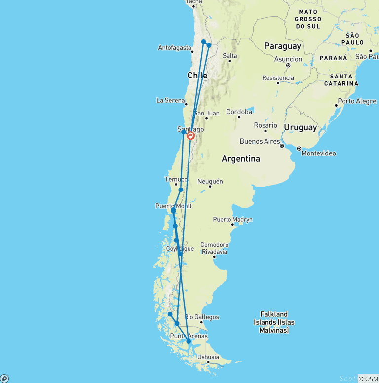 Map of Chile round trip - experience Chile intensively for 23 days