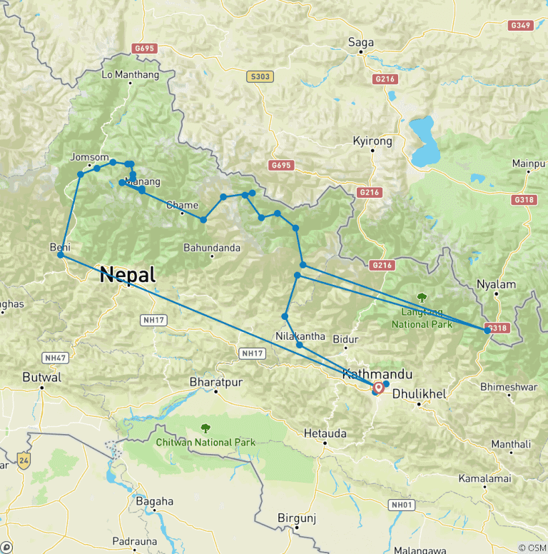 Map of Manaslu and Annapurna Circuit Trek with Tilicho Lake