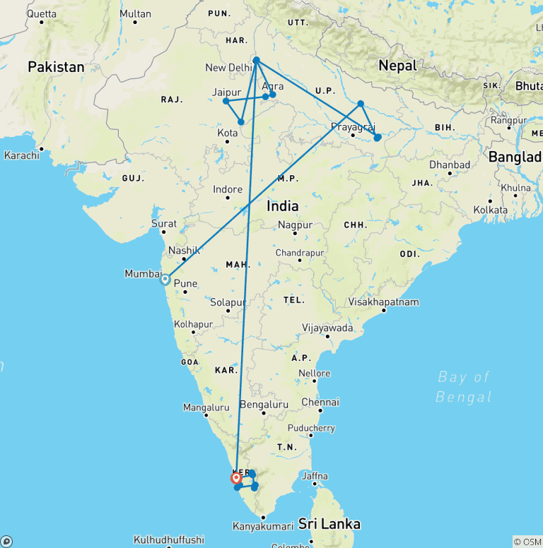 Map of Luxury India Highlights from North to South