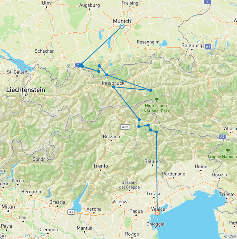 Map of From Munich to Venise : a Journey accross the Alps