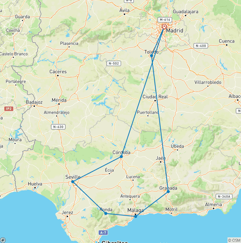 Map of Madrid & Caceres to Costa del Sol - 3 days