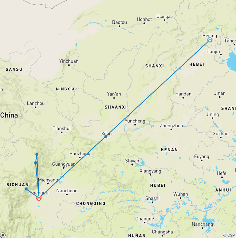 Map of China Cultural and Nature Panda Fans'Tour (private guide and driver）Family Customizable