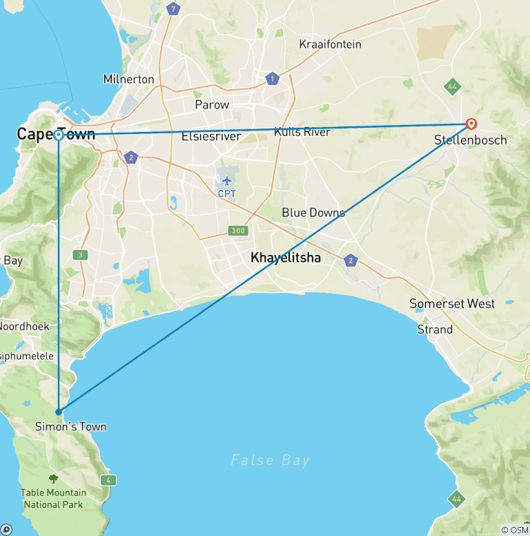 Map of 3-Day Cape Town Boat Cruise, Peninsula & Wine Tour