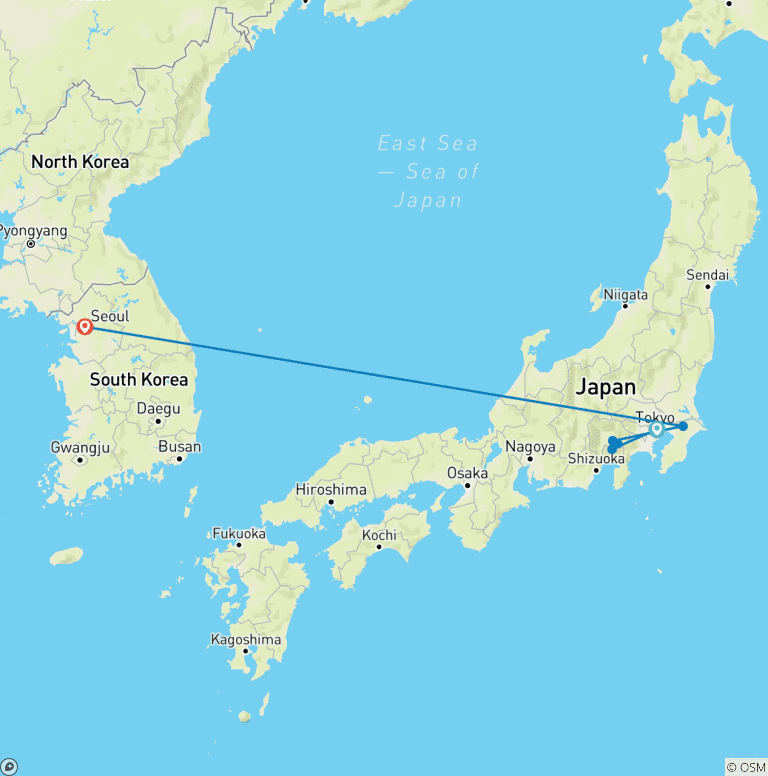 Map of 10 Days Japan & Korea Pop Culture Journey  (private guide and driver）Family Tour  Customizable
