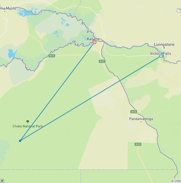 Map of 3-Day Victoria Falls and Chobe National Park Combo Safari