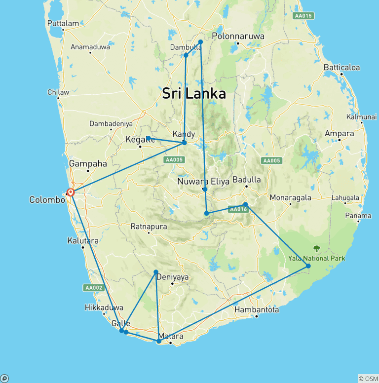 Map of Sri Lanka Private 21 days tour include sightseeing, Wild life, Cultural, Boat tour