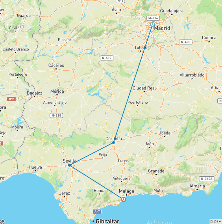 Map of Madrid & Cordoba to Costa del Sol - 3 days