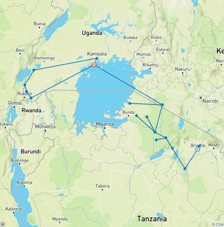 Map of 14 Days Serengeti, Masai Mara & Gorilla Trekking Experience