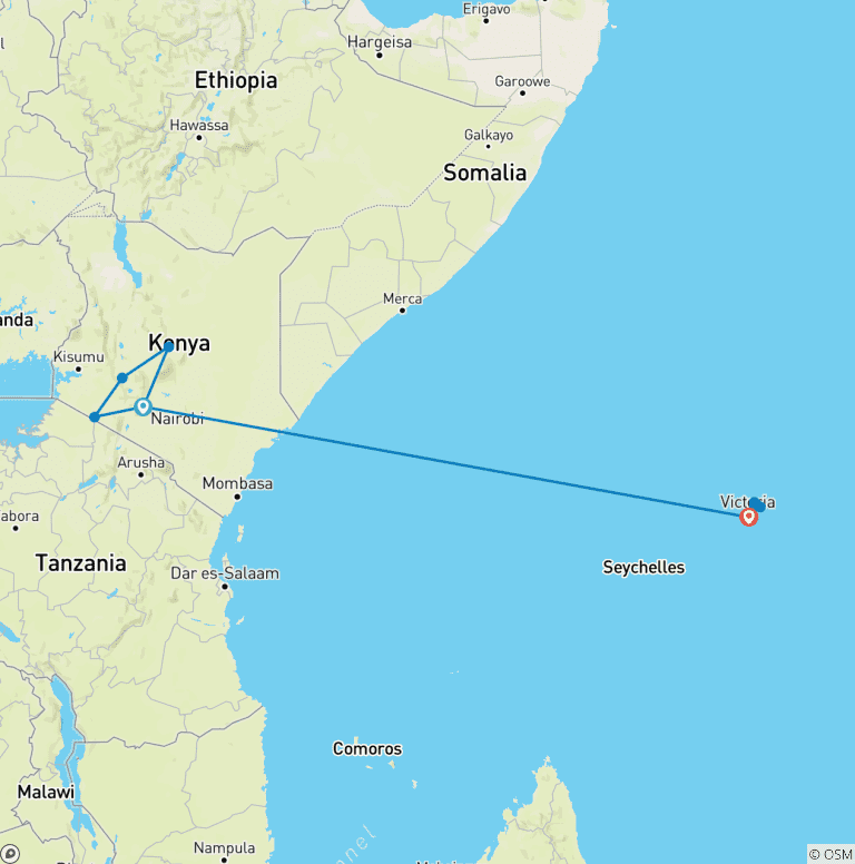 Map of Safari and The Seychelles - Cruise & Land Journey 2028