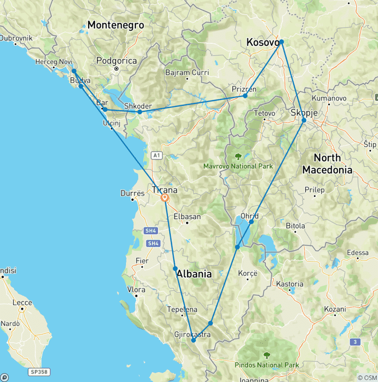Map of West Balkans Tour: History, Culture, and Scenic Landscapes