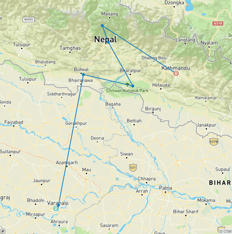 Map of India & Nepal on a Budget: Varanasi to Kathmandu