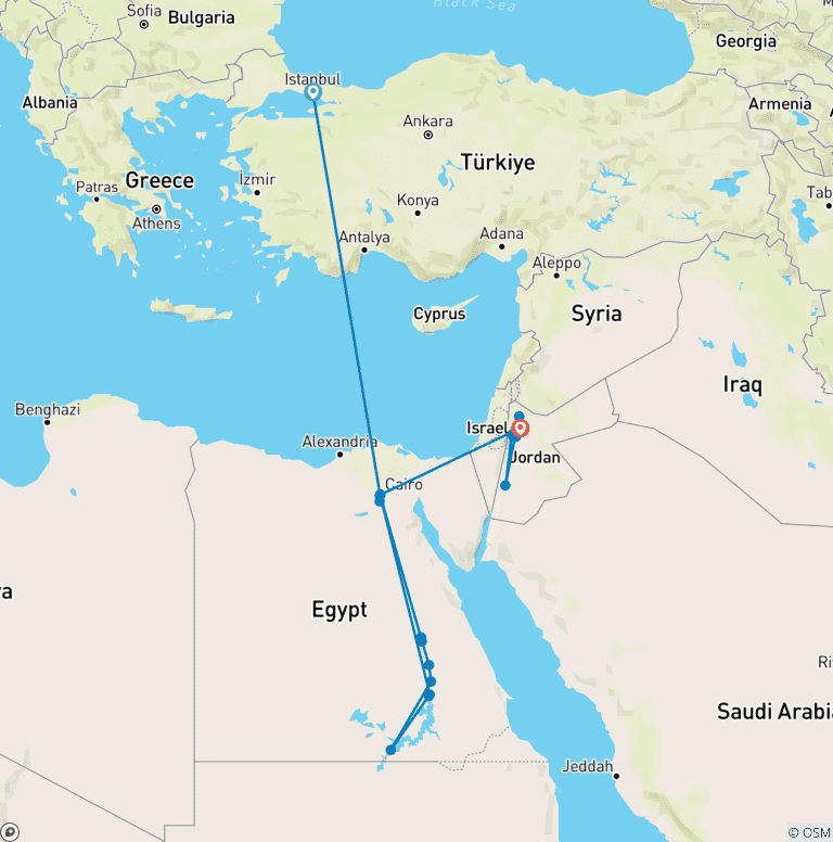 Map of 14-Day Cultural Tour: Turkey, Egypt & Jordan – Includes International Flights