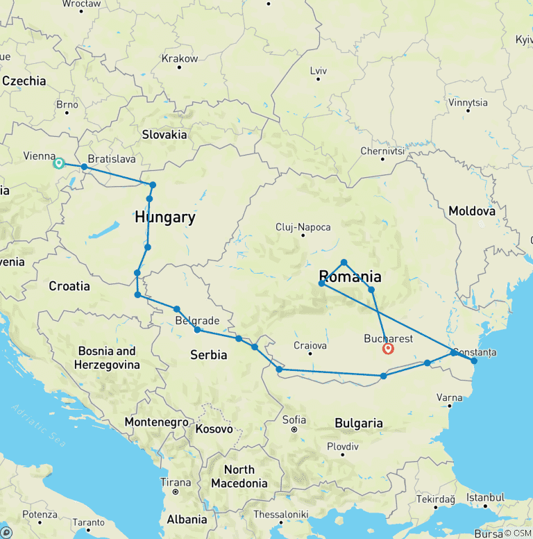 Map of Lower Danube Discovery with Vienna & Transylvania 2027 - 22 Days (20 destinations)