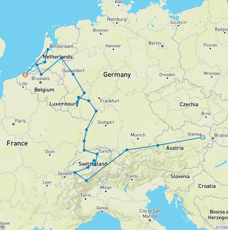 Map of Romantic Rhine & Moselle with Bruges & Wonders of Switzerland & Austria 2027 - 32 Days (from Vienna to Bruges)